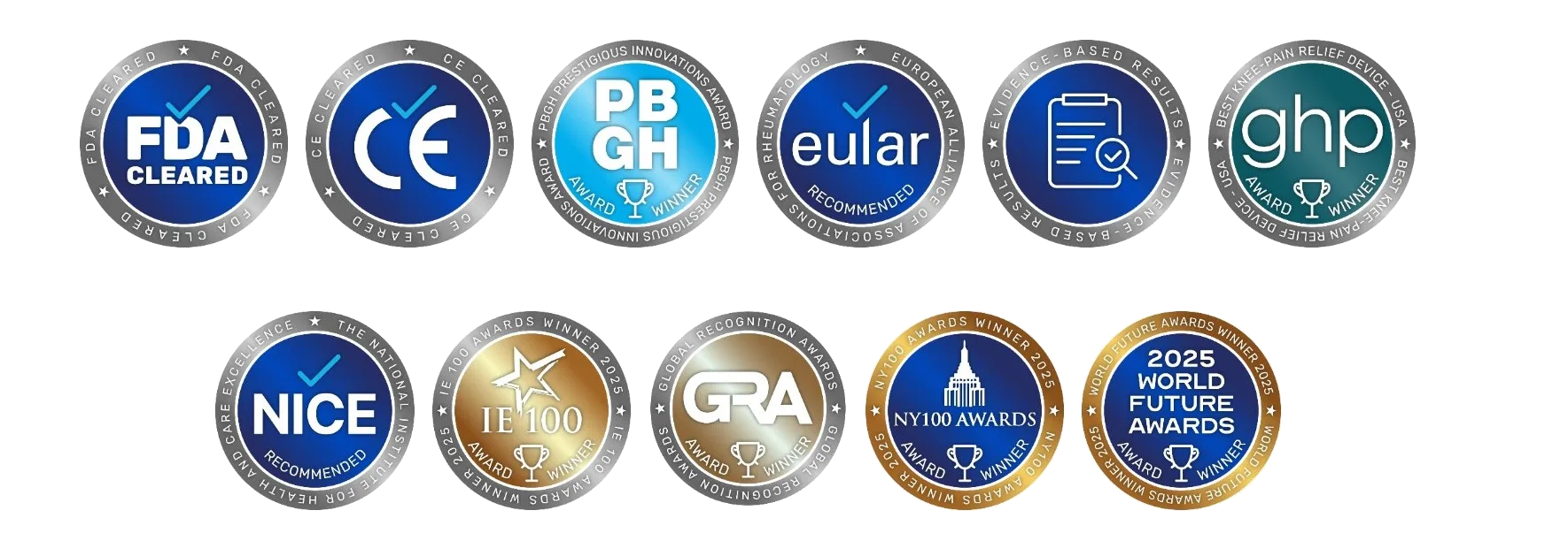 פרסים ואישורים: FDA Cleared, CE, PBGH, EULAR, NICE, GHP, IE100, GRA, NY100 Awards, World Future Awards 2025